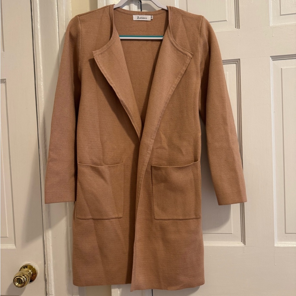 Anrabess Camel Tan Open Front Knit Cardigan Jacket Blazer Size M Pockets